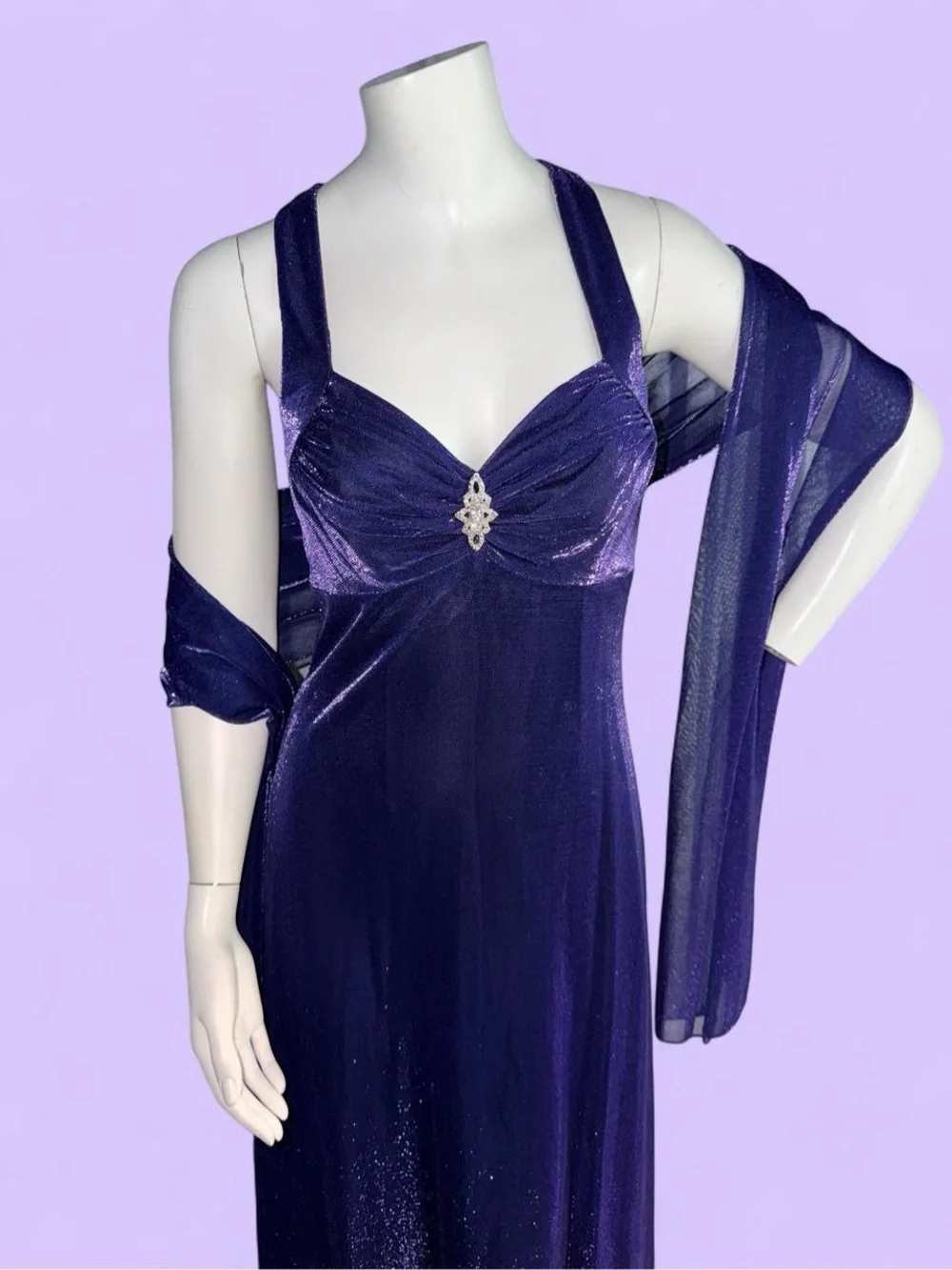 Vintage 90s Jump Apparel Purple Shimmer Velvet Maxi Dress & Shawl Set, Size 5/6